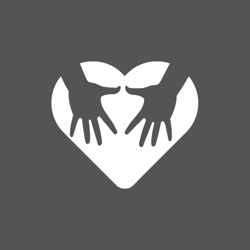 A navy blue heart with two hand outlines in the center.